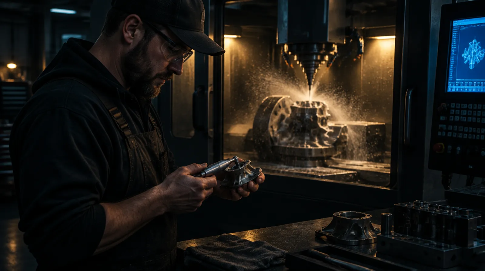 Machinist measuring a titanium part with a micrometer beside a CNC machining center mid-cut